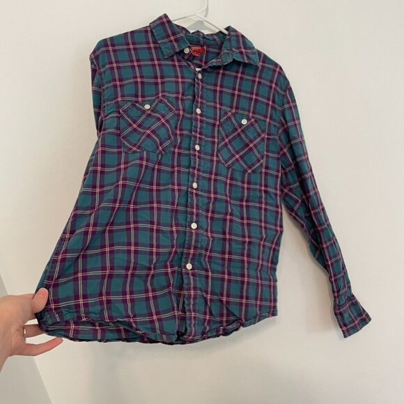 ARIZONA JEAN CO Mens Teal Blue Etc Plaid Lightweight Flannel Button Down Shirt M - Picture 7 of 12